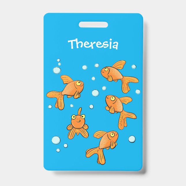 Cute orange goldfish on blue cartoon illustration badge (Front)
