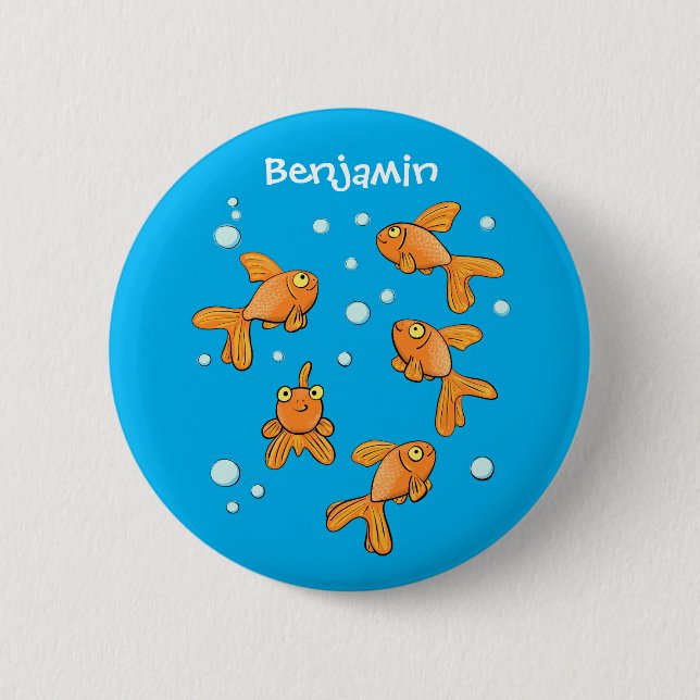 Cute orange goldfish on blue cartoon illustration button (Front)