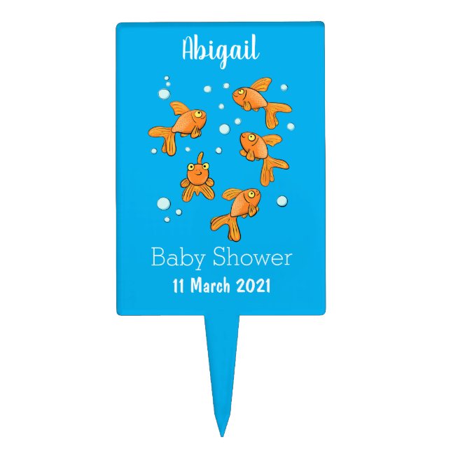 Cute orange goldfish on blue cartoon illustration cake topper (Front)