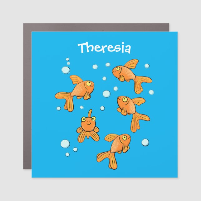 Cute orange goldfish on blue cartoon illustration car magnet (Front)