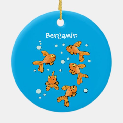 Cute orange goldfish on blue cartoon illustration ceramic ornament