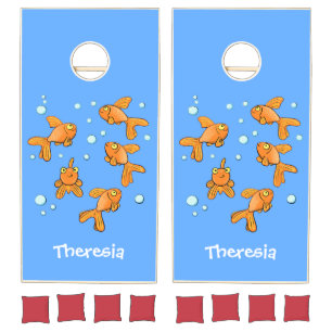 Cute orange goldfish on blue cartoon illustration cornhole set