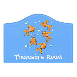 Cute orange goldfish on blue cartoon illustration door sign