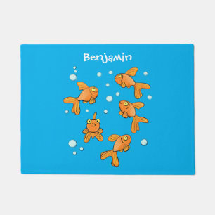 Cute orange goldfish on blue cartoon illustration doormat