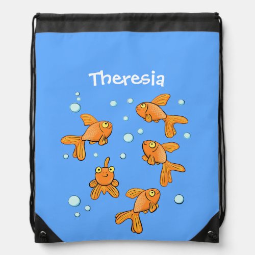 Cute orange goldfish on blue cartoon illustration drawstring bag