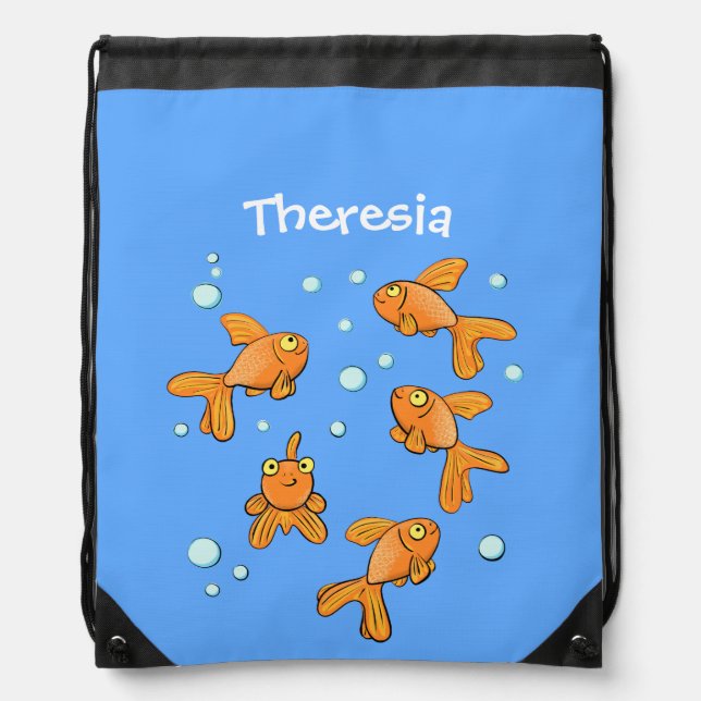 Cute orange goldfish on blue cartoon illustration drawstring bag (Front)