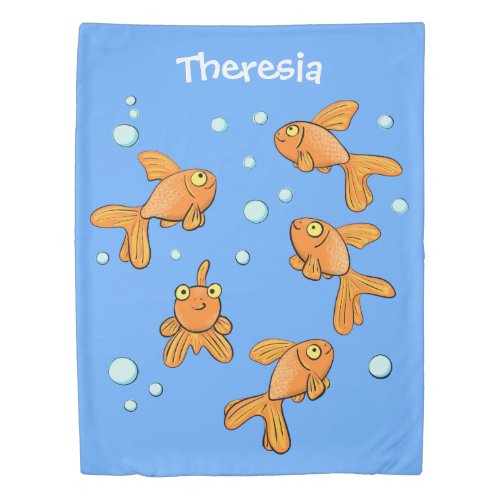 Cute orange goldfish on blue cartoon illustration duvet cover