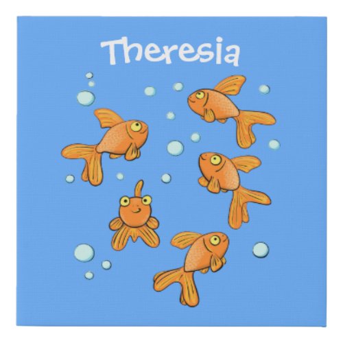 Cute orange goldfish on blue cartoon illustration faux canvas print