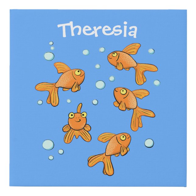 Cute orange goldfish on blue cartoon illustration faux canvas print (Front)