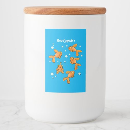 Cute orange goldfish on blue cartoon illustration food label