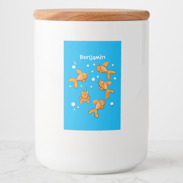 Cute orange goldfish on blue cartoon illustration food label (Front)