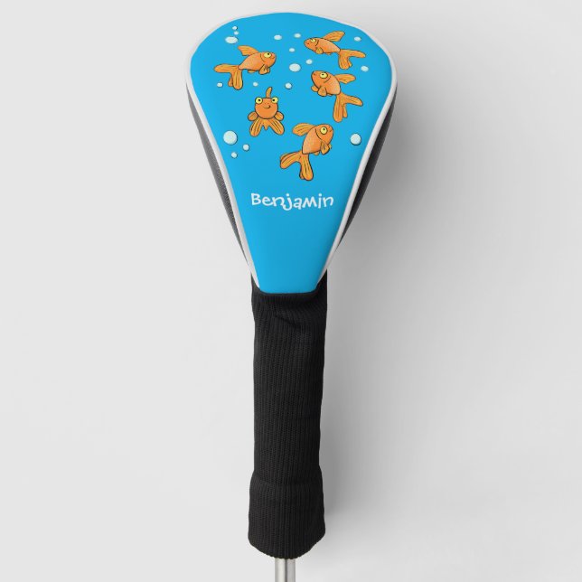 Cute orange goldfish on blue cartoon illustration golf head cover (Front)