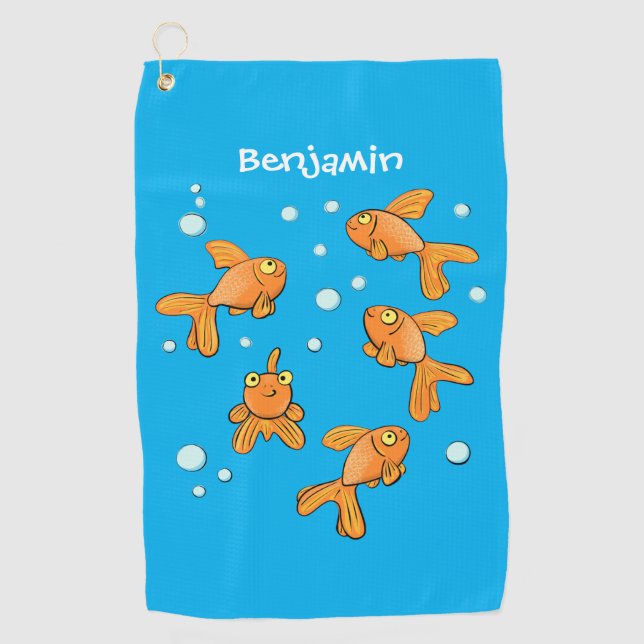 Cute orange goldfish on blue cartoon illustration golf towel (Front)