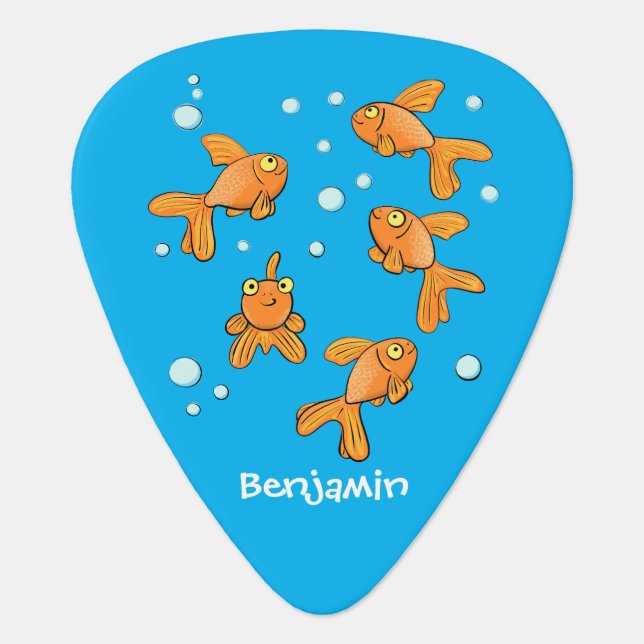 Cute orange goldfish on blue cartoon illustration  guitar pick (Front)