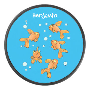 Cute orange goldfish on blue cartoon illustration hockey puck