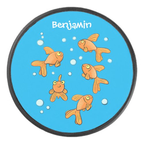 Cute orange goldfish on blue cartoon illustration hockey puck