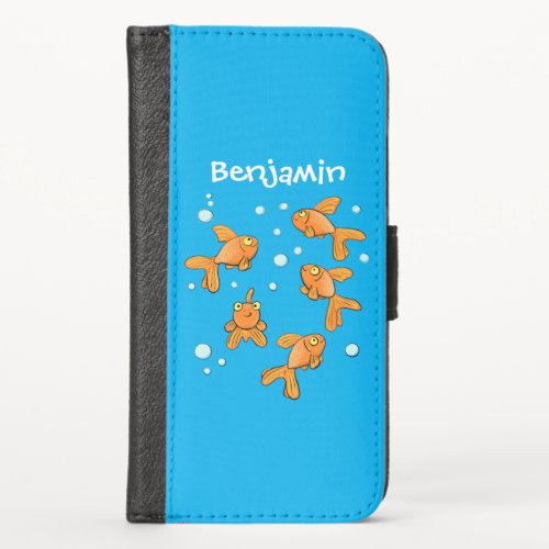 Cute orange goldfish on blue cartoon illustration iPhone x wallet case