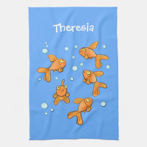 Cute orange goldfish on blue cartoon illustration kitchen towel