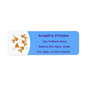 Cute orange goldfish on blue cartoon illustration label