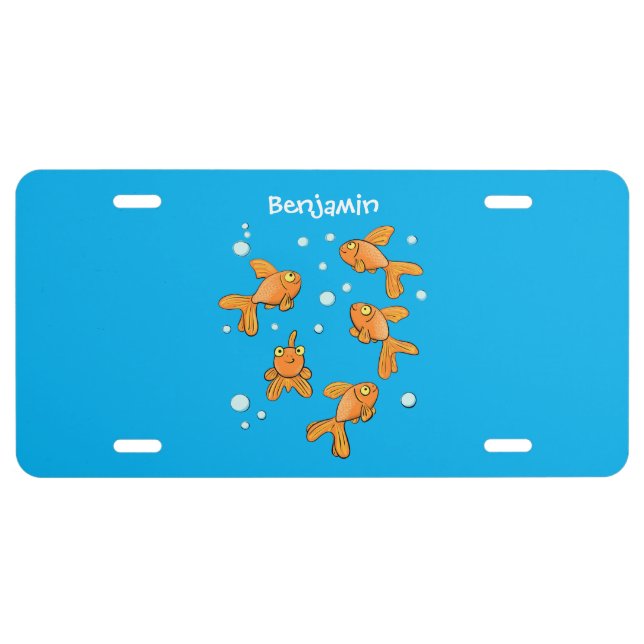 Cute orange goldfish on blue cartoon illustration license plate (Front)