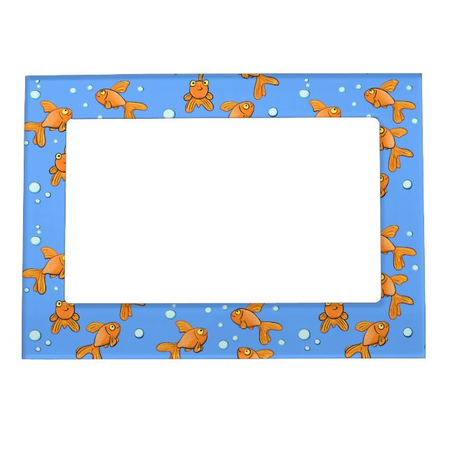 Cute orange goldfish on blue cartoon illustration magnetic frame (Front)