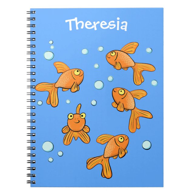 Cute orange goldfish on blue cartoon illustration notebook (Front)