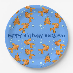 Cute orange goldfish on blue cartoon illustration paper plates