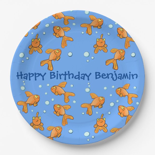 Cute orange goldfish on blue cartoon illustration paper plates (Front)
