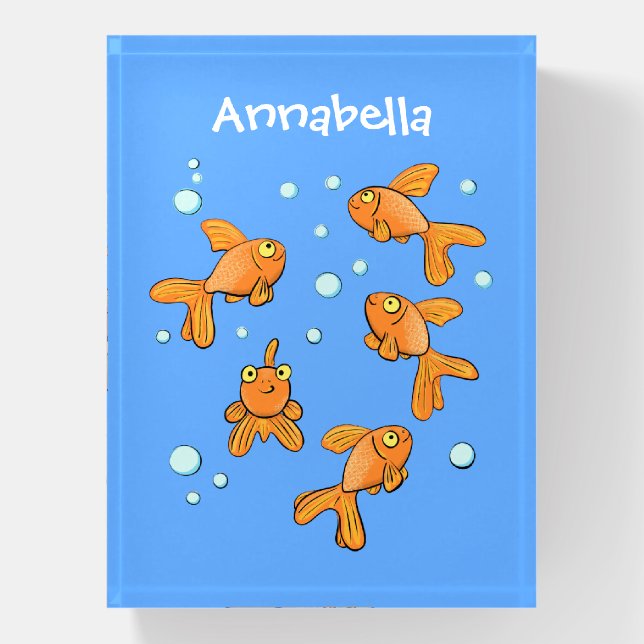 Cute orange goldfish on blue cartoon illustration paperweight (Vertical)