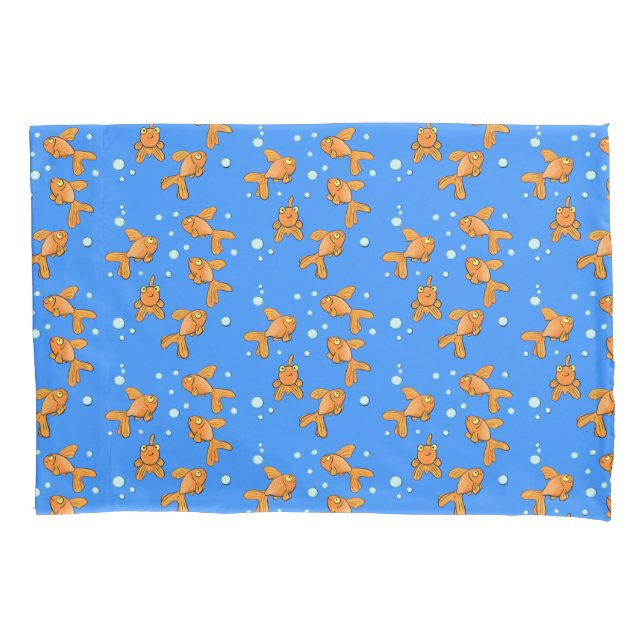 Cute orange goldfish on blue cartoon illustration pillow case (Front)