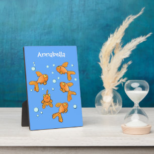 Cute orange goldfish on blue cartoon illustration plaque