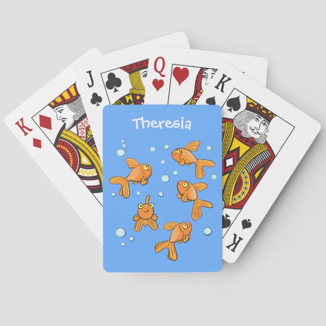 Cute orange goldfish on blue cartoon illustration poker cards (Back)