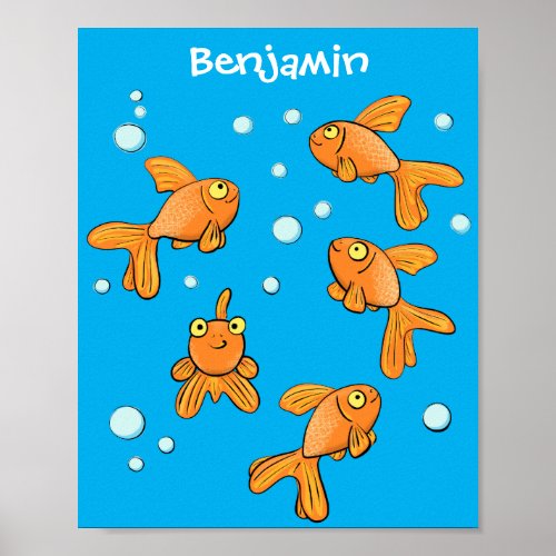 Cute orange goldfish on blue cartoon illustration poster