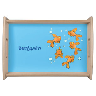 Cute orange goldfish on blue cartoon illustration serving tray