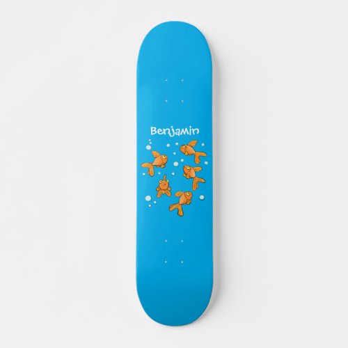 Cute orange goldfish on blue cartoon illustration skateboard