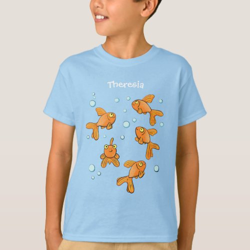 Cute orange goldfish on blue cartoon illustration T_Shirt