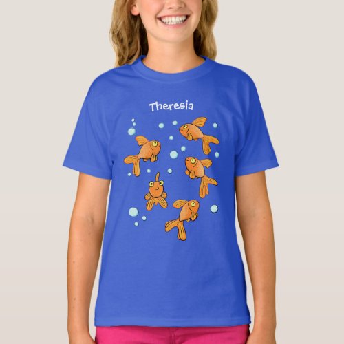 Cute orange goldfish on blue cartoon illustration T_Shirt