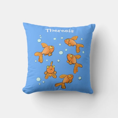 Cute orange goldfish on blue cartoon illustration throw pillow