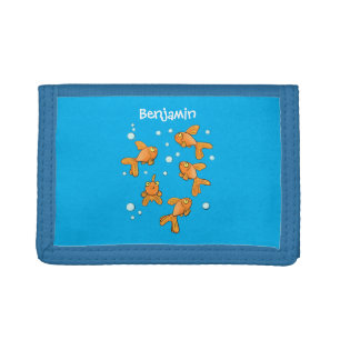 Cute orange goldfish on blue cartoon illustration tri-fold wallet