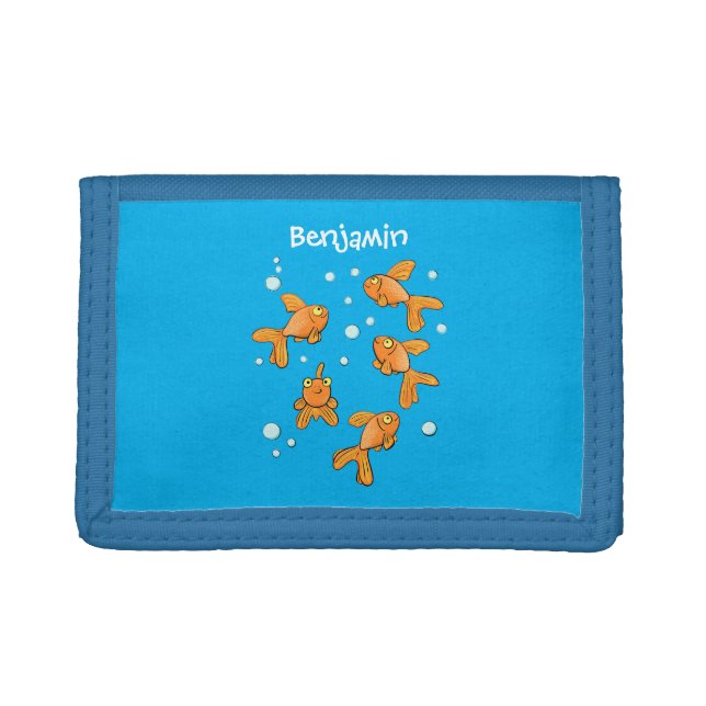 Cute orange goldfish on blue cartoon illustration trifold wallet (Front)