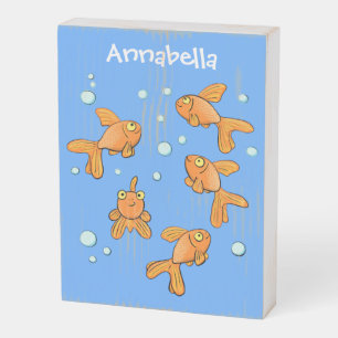 Cute orange goldfish on blue cartoon illustration wooden box sign
