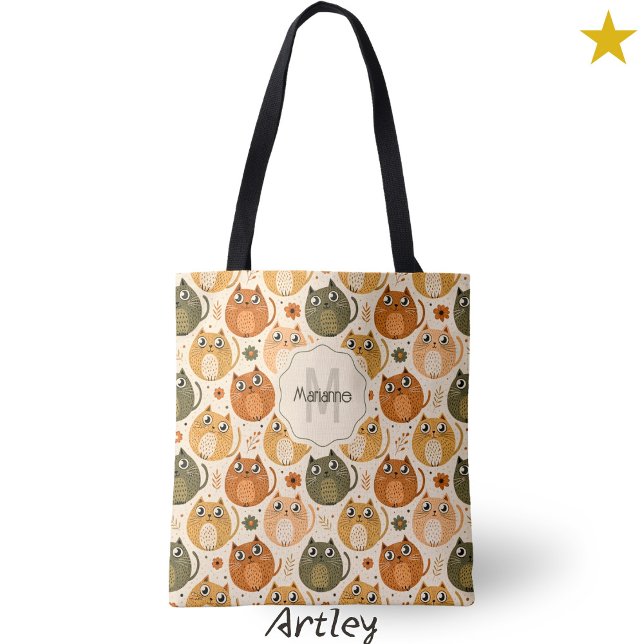 Cute Orange Gray Cat Polka Dot Name Monogram Tote Bag (Creator Uploaded)