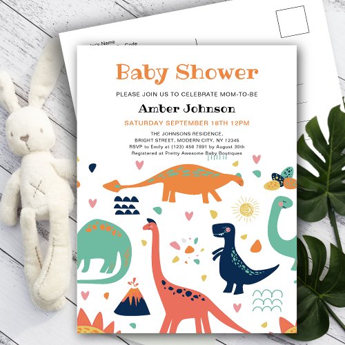 Cute Orange Green Baby Dinosaur Boy Baby Shower Invitation Postcard