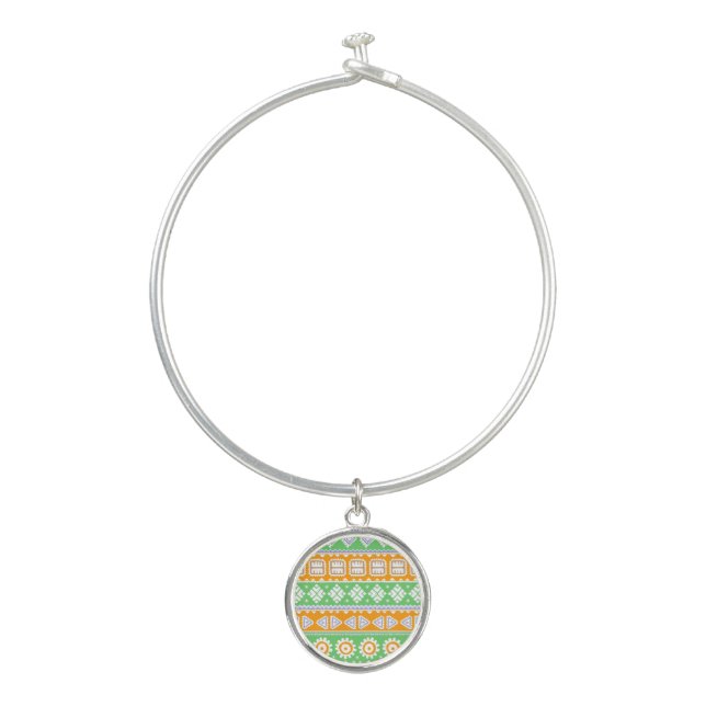 Cute orange green ethnic patterns design bangle bracelet (Front)