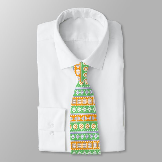Cute orange green ethnic patterns design neck tie (Tied)