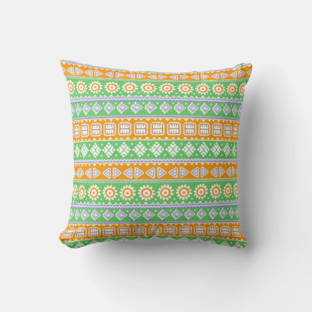 Cute orange green ethnic patterns design throw pillow (Front)