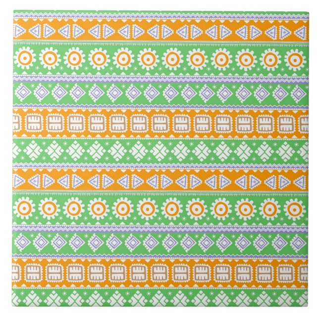 Cute orange green ethnic patterns design tile (Front)