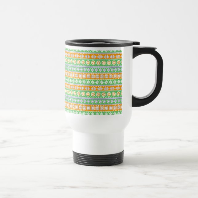 Cute orange green ethnic patterns design travel mug (Right)