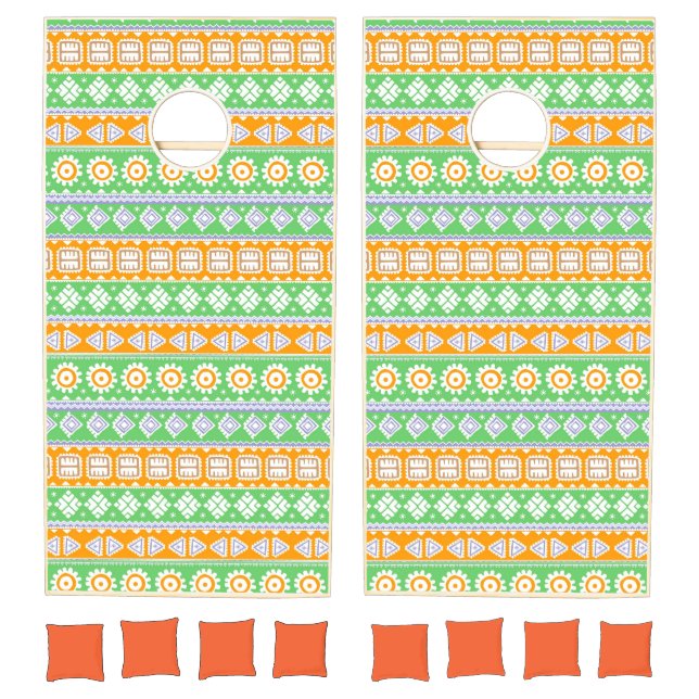 Cute orange green ethnic patterns design Two-Tone  Cornhole Set (Set)