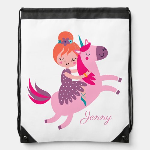 Cute Orange Haired Girl Riding on a Unicorn Drawstring Bag